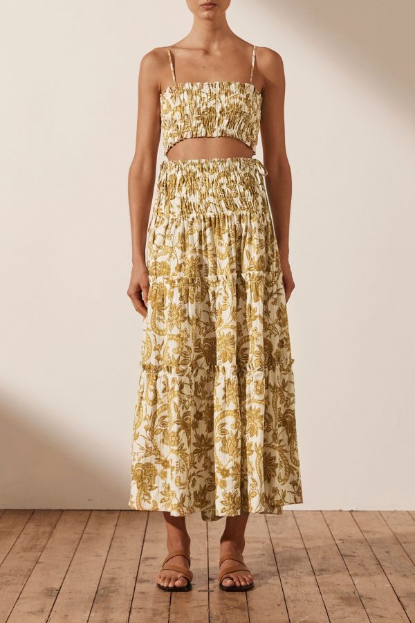 SHONA JOY SAFFRON SHIRRED TIERED MIDI SKIRT - CURRY/IVORY - Gypsett