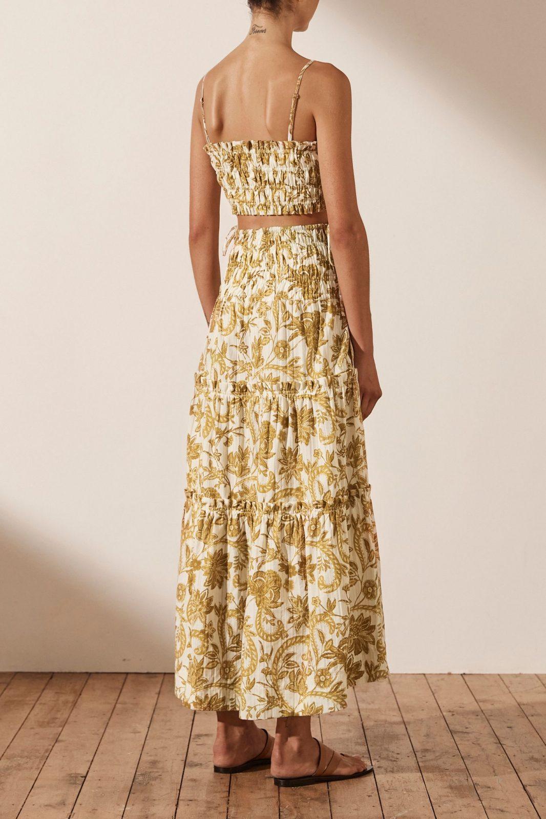 SHONA JOY SAFFRON SHIRRED TIERED MIDI SKIRT - CURRY/IVORY - Gypsett