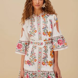 FARM RIO Off-white delicate forest scarves organic cotton mini dress