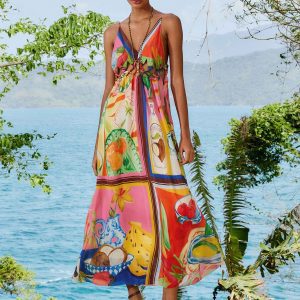 FARM RIO multicolor summer picnic macrame yoke maxi dress