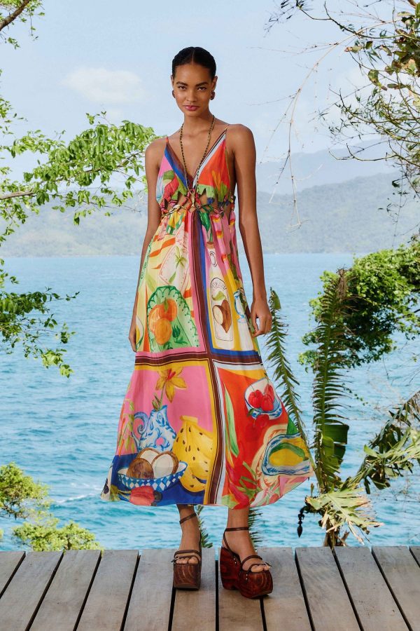 FARM RIO multicolor summer picnic macrame yoke maxi dress