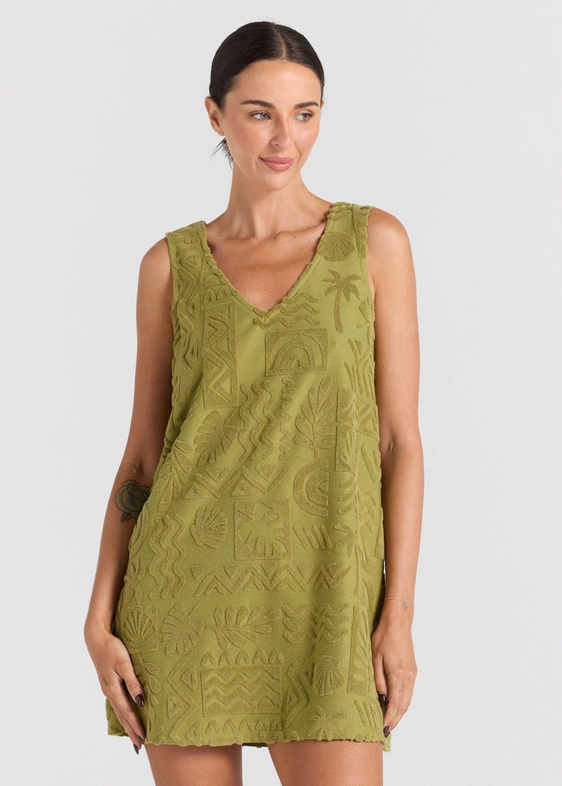 POOLSIDE PARADISO Mai Tai V Tunic Towelling Dress - Moss
