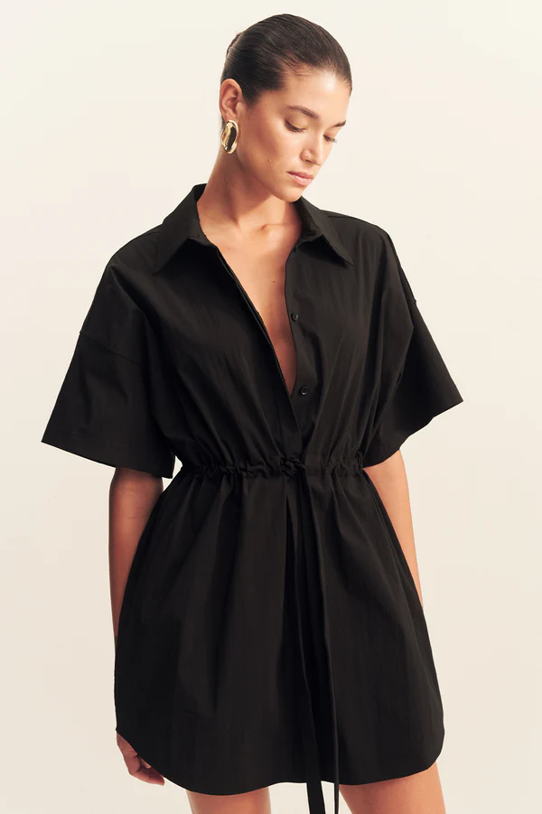 SHONA JOY - Campbell Short Sleeve Drawstring Shirt Dress - Black - Image 4