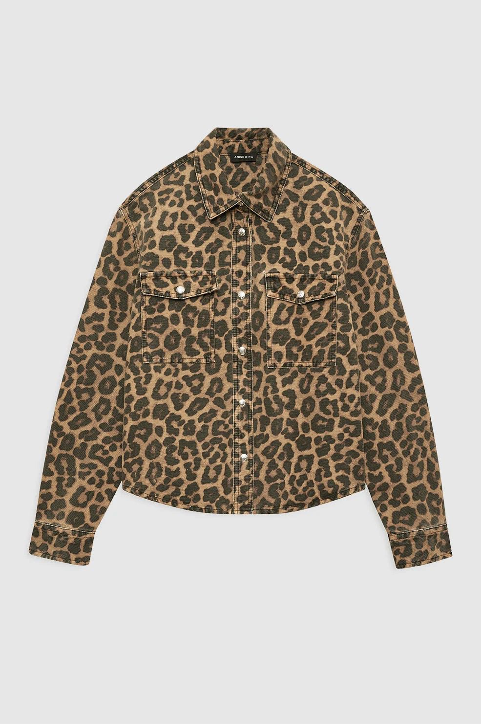 ANINE BING PAXTON SHIRT BLACK AND BROWN LEOPARD