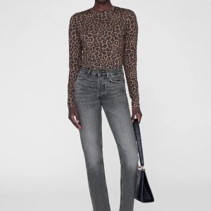 ANINE BING SYLVIE LONG SLEEVE TEE - BLACK AND BROWN LEOPARD