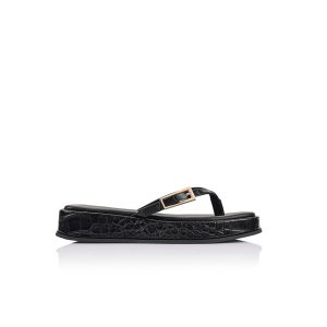 LANA WILKINSON Josie Sandal Black Croc-Embossed Leather