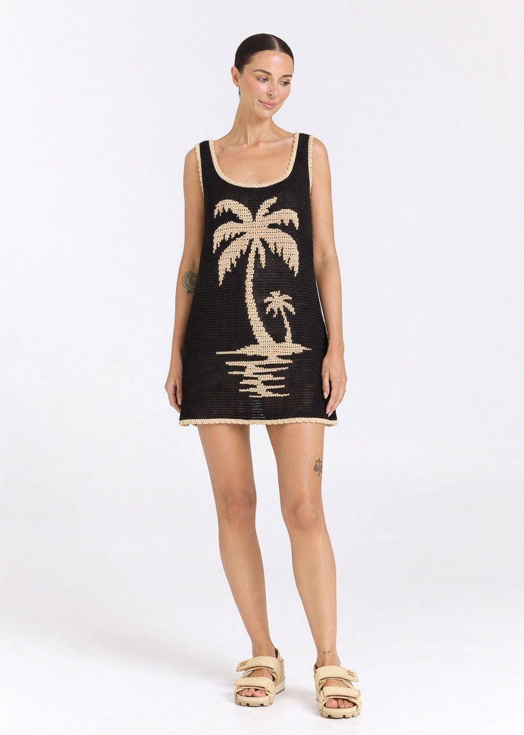 POOLSIDE PARADISO Palm Beach U Crochet Knit Dress - Black Sand
