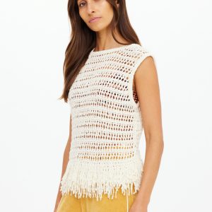 THE UPSIDE KAMALI KNIT FRINGE TOP CREAM