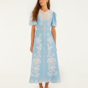 FARM RIO light blue embroidered euroflax™ premium linene midi dress