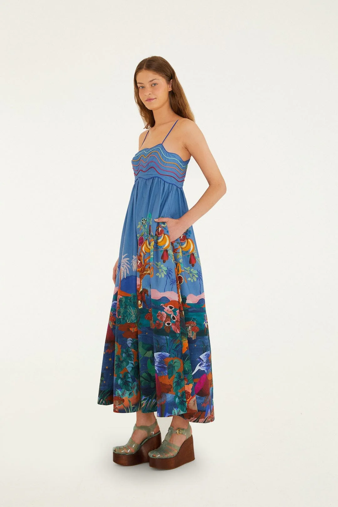 FARM RIO multicolor dream landscape organic cotton sleeveless maxi dress
