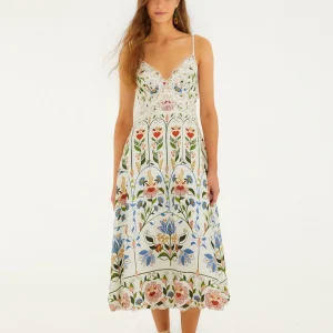 FARM RIO off-white stitched garden euroflax™ premium linen midi dress