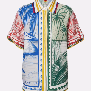 Farm Rio Brasil Vintage crochet-trimmed printed linen-blend shirt