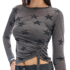 THE TALES Black Star Mesh Ruched Longsleeve Top