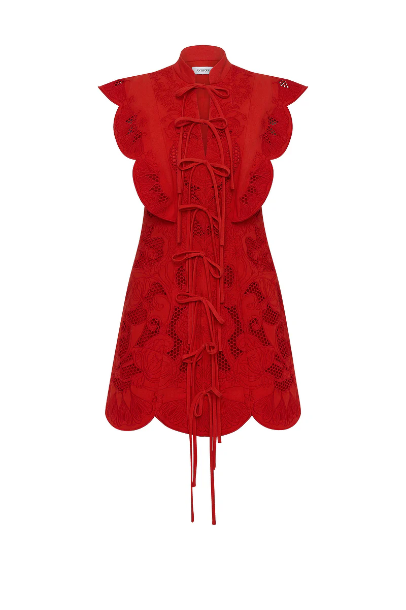 ANTIPODEAN INTERLUDE SCALLOP TIE MINI DRESS SALSA