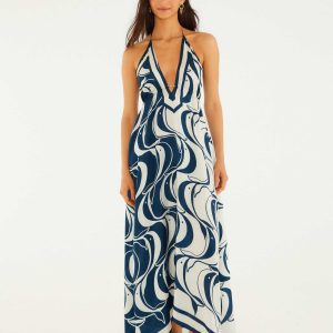 FARM RIO blue plunging neck maxi dress