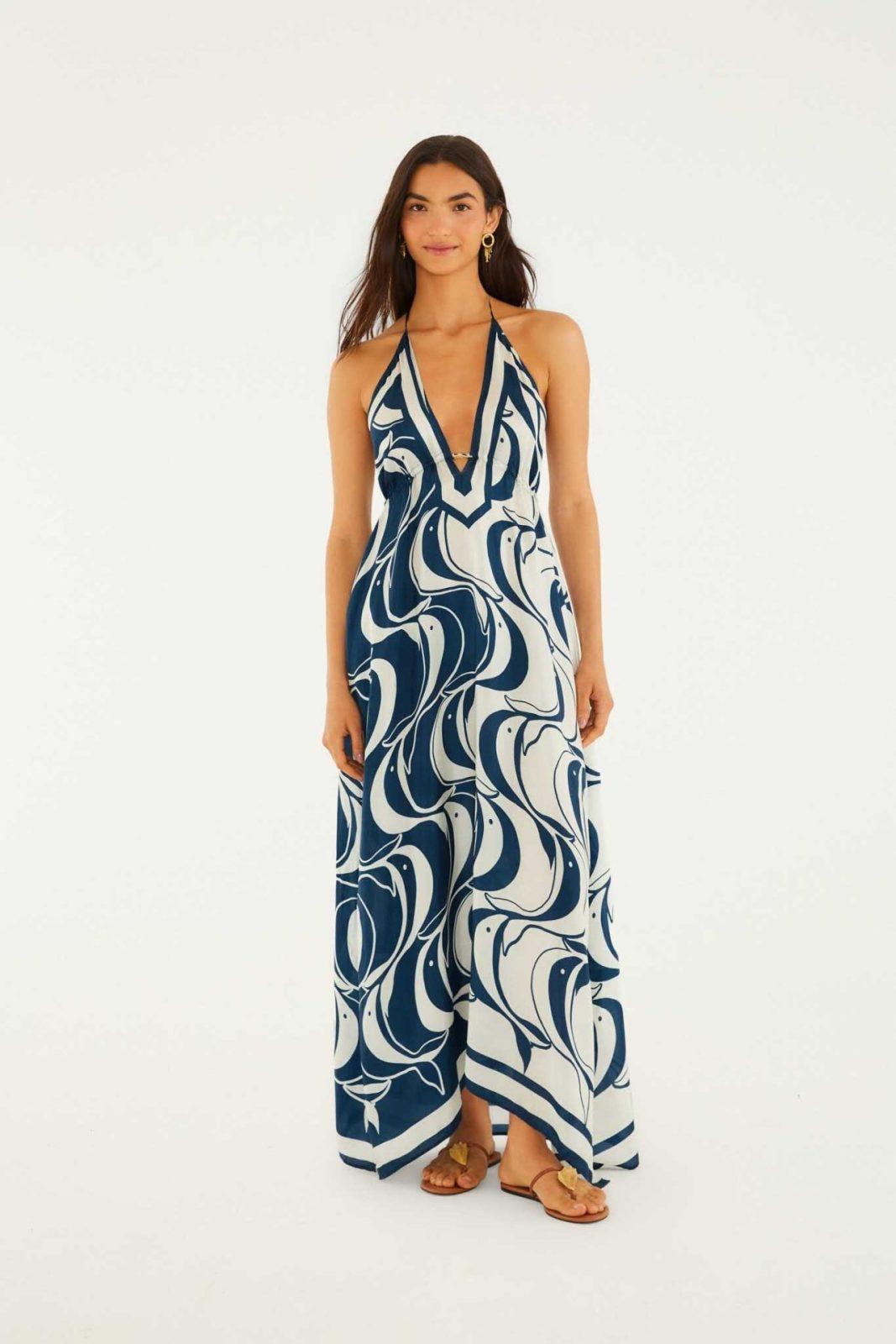 FARM RIO blue plunging neck maxi dress