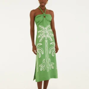 FARM RIO green palm tree embroidered halter neck midi dress