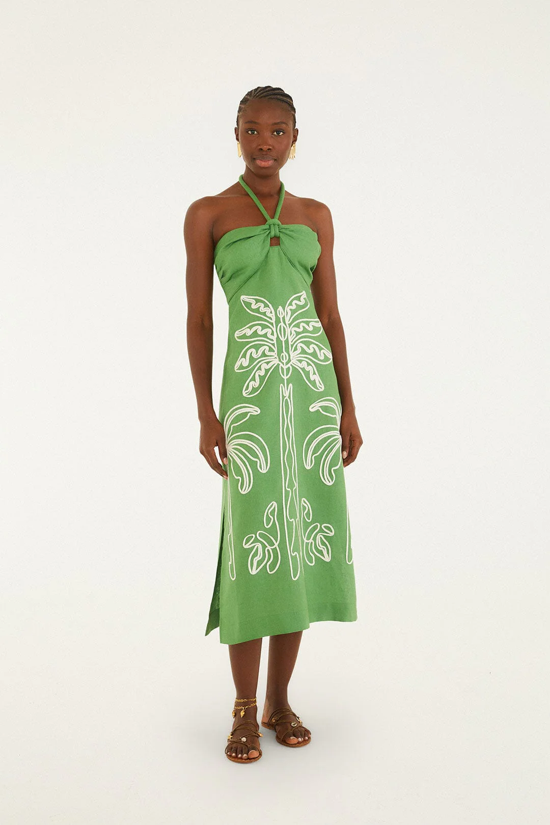 FARM RIO green palm tree embroidered halter neck midi dress
