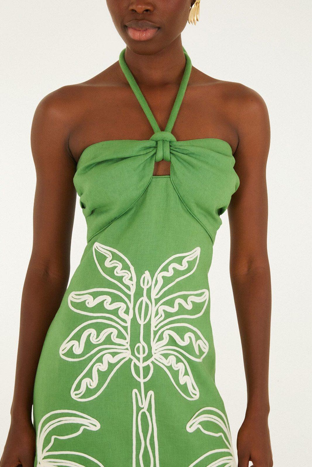 FARM RIO green palm tree embroidered halter neck midi dress - Image 2