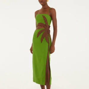 FARM RIO green 3d palm tree cut-out midi dress
