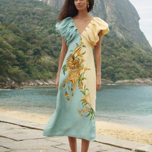 FARM  RIO bicolor marine garden puff sleeve midi dress