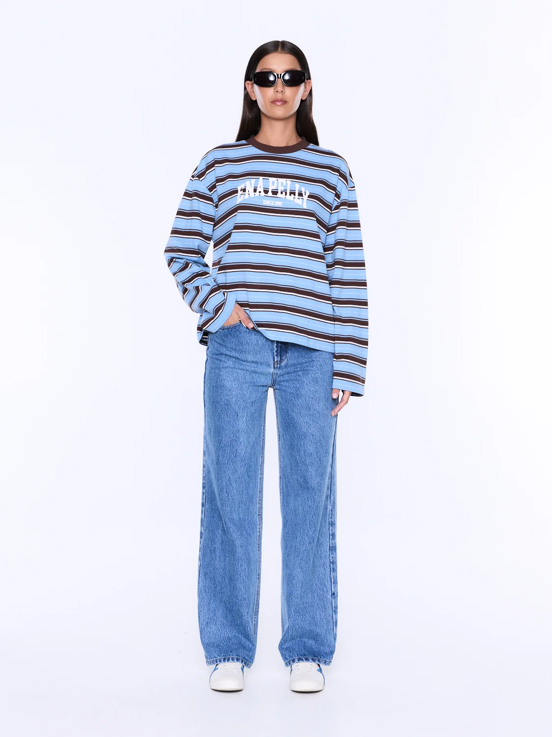 ENA PELLY MARIA BOXY LONG SLEEVE TEE BLUE/BROWN STRIPE - Image 2