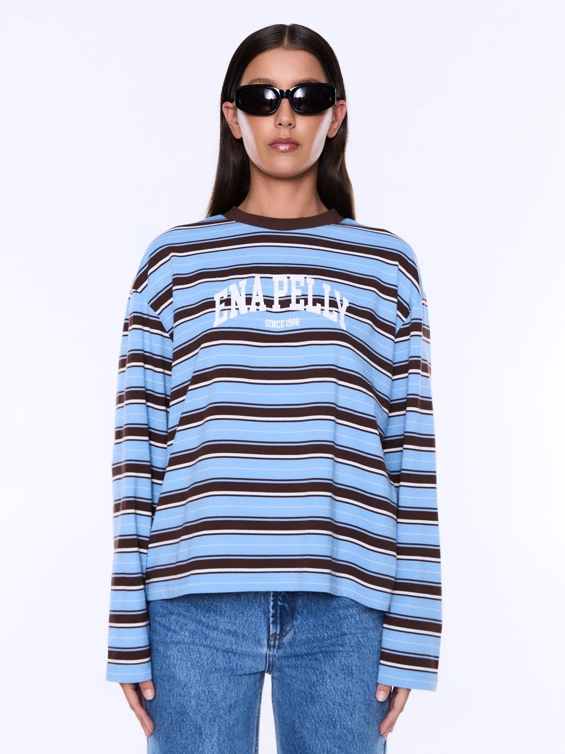 ENA PELLY MARIA BOXY LONG SLEEVE TEE BLUE/BROWN STRIPE