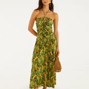 FARM RIO green forest parrots ruched bodice maxi dress