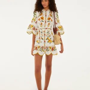 FARM RIO off-white lemon bouquet belted puff sleeve mini dress