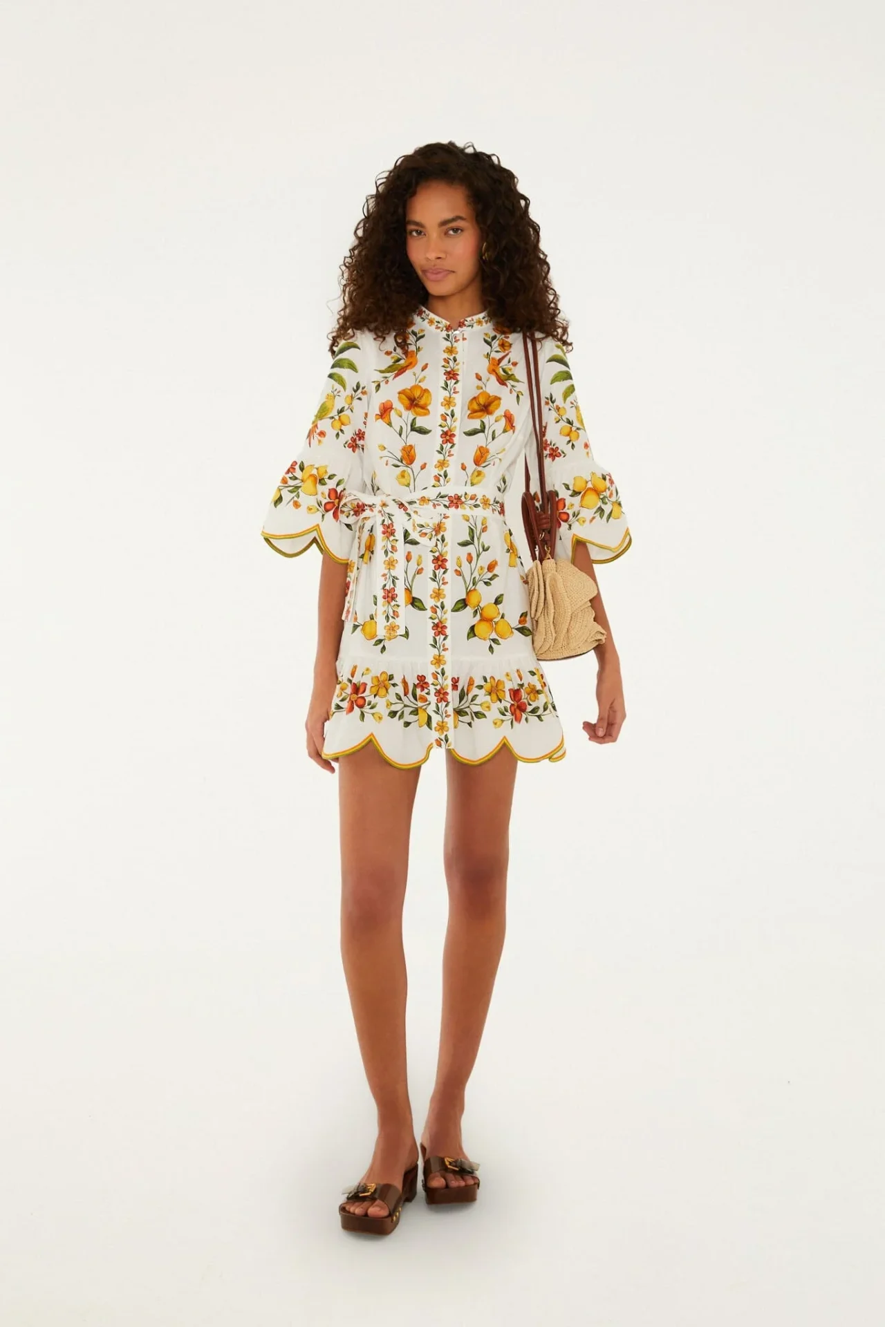 FARM RIO off-white lemon bouquet belted puff sleeve mini dress