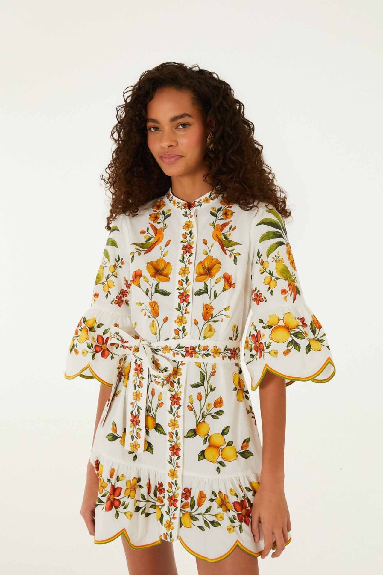 FARM RIO off-white lemon bouquet belted puff sleeve mini dress - Image 2