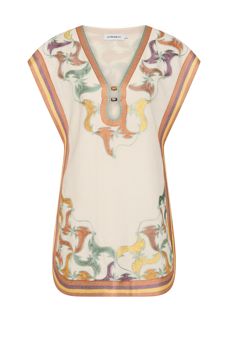 ANTIPODEAN FRAMED CAP SLEEVE SHIFT DRESS WITH KEYHOLE KALEIDOSCOPE